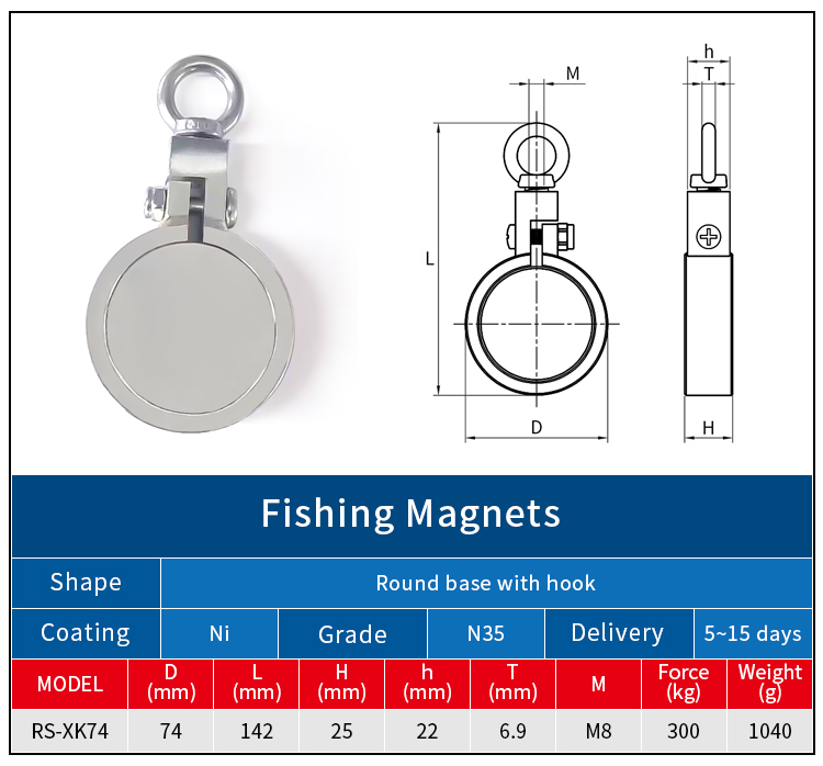 High Strength 300KG Pull Force Diameter 74mm Double-side SST Eyebolt Neodymium Fishing Magnet